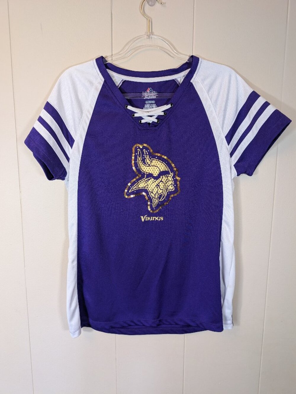 MINNESOTA VIKINGS Majestic XL Sequin Lace Up Jersey Purple White NFL Women